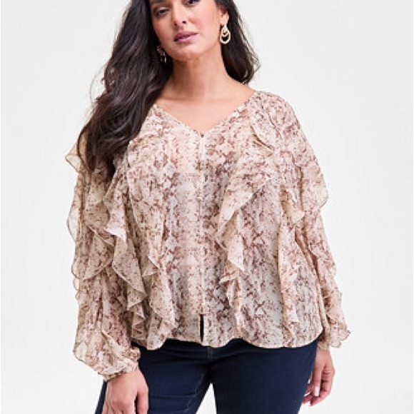 INC International Concepts Tops - I.N.C. International Concepts | Printed Ruffle V-Neck Long Sleeve Blouse NWT